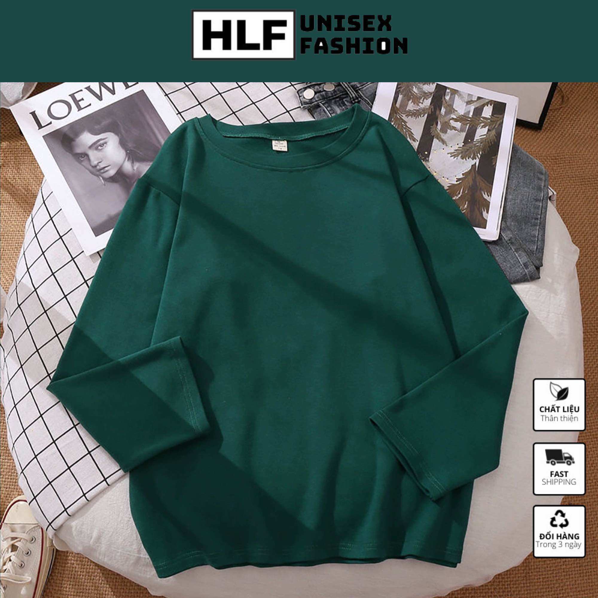 Áo thun dài tay màu trơn form xuông rộng basic, áo thu đông nữ HLFashion