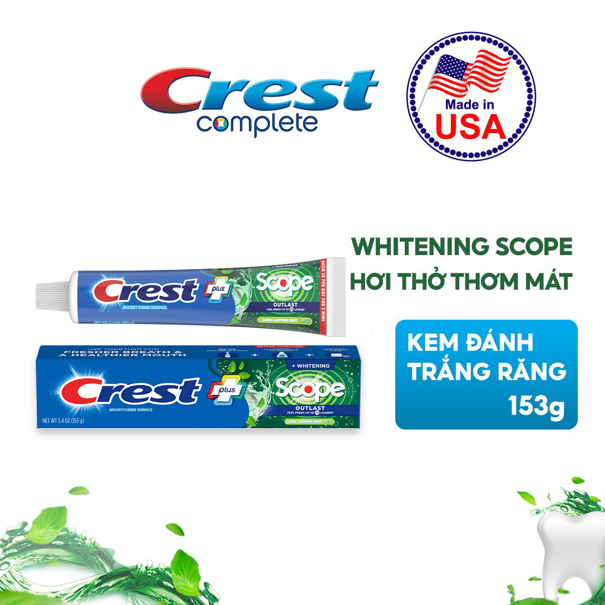 Kem Đánh Răng CREST Nhập Khẩu Mỹ Complete Whitening + Scope Tuýp 153g