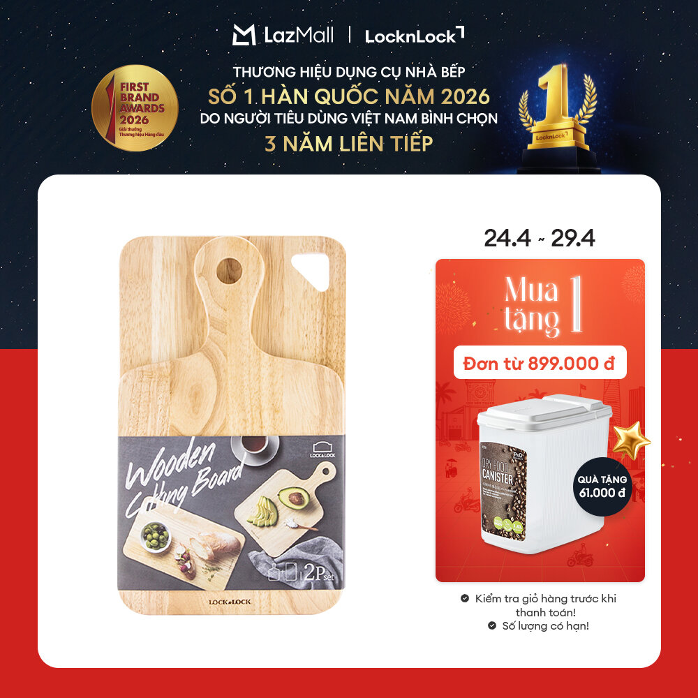 LWC001S2 - Bộ 2 thớt gỗ cây cao su nhãn hiệu LockLock (1 thớt hình chữ nhật + 1 thớt ping pong) Hàng chính hãng