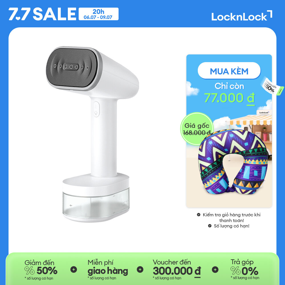 ENI223WHT - Bàn ủi hơi nước cầm tay LockLock - Làm nóng nhanh 30s, Mặt là sứ an toàn, 2 đầu chải đi kèm, tự làm sạch - BH 2 năm