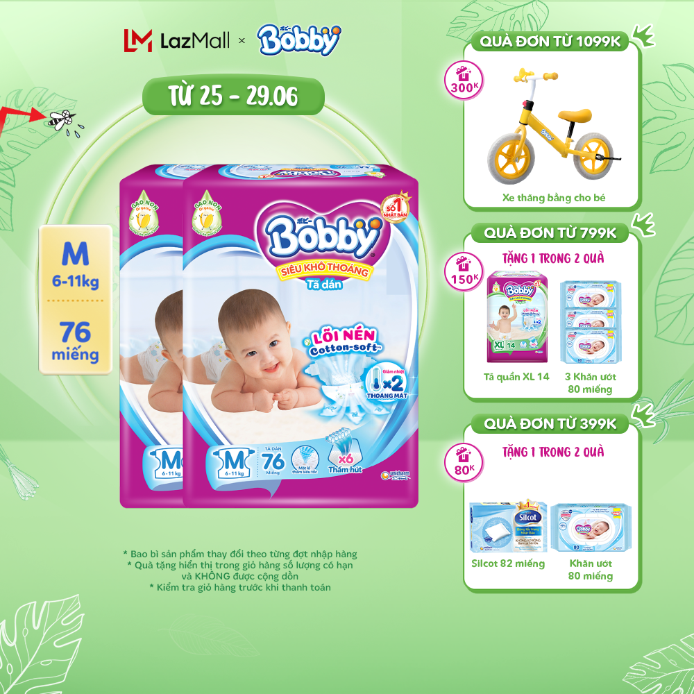Combo 2 gói Tã dán Bobby Gạo non Giảm nhiệt - M76/L68/XL62/XXL56