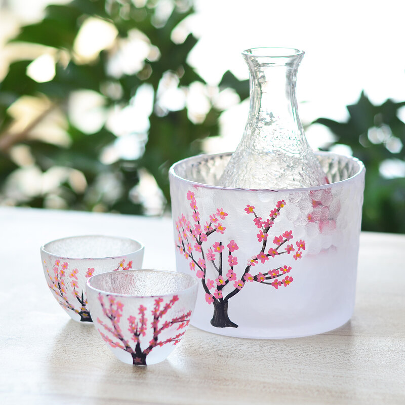 Bộ Ấm Rượu Sake Thủy Tinh Hoa Anh Đào Kiểu Nhật Thủ Công, Rượu Vàng, Đồ Hâm Nóng Rượu, Rượu Trắng Nóng, Rượu Mơ, Ly Uống Cà Phê, Trà Sake
