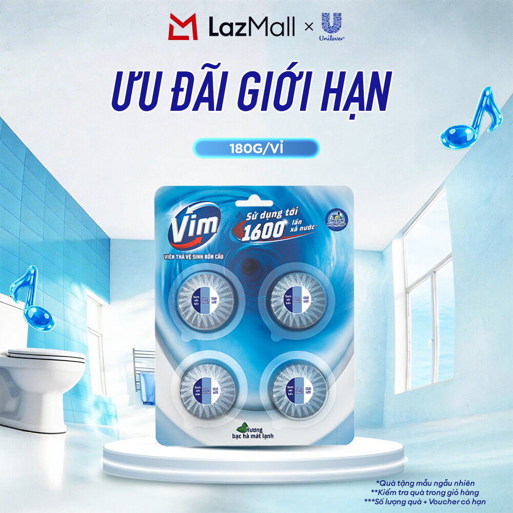 Viên Thả Vệ Sinh Bồn Cầu Vim | Sạch Khuẩn, Sáng Bóng đến 1600 Lần Xả (4x45g/vỉ)