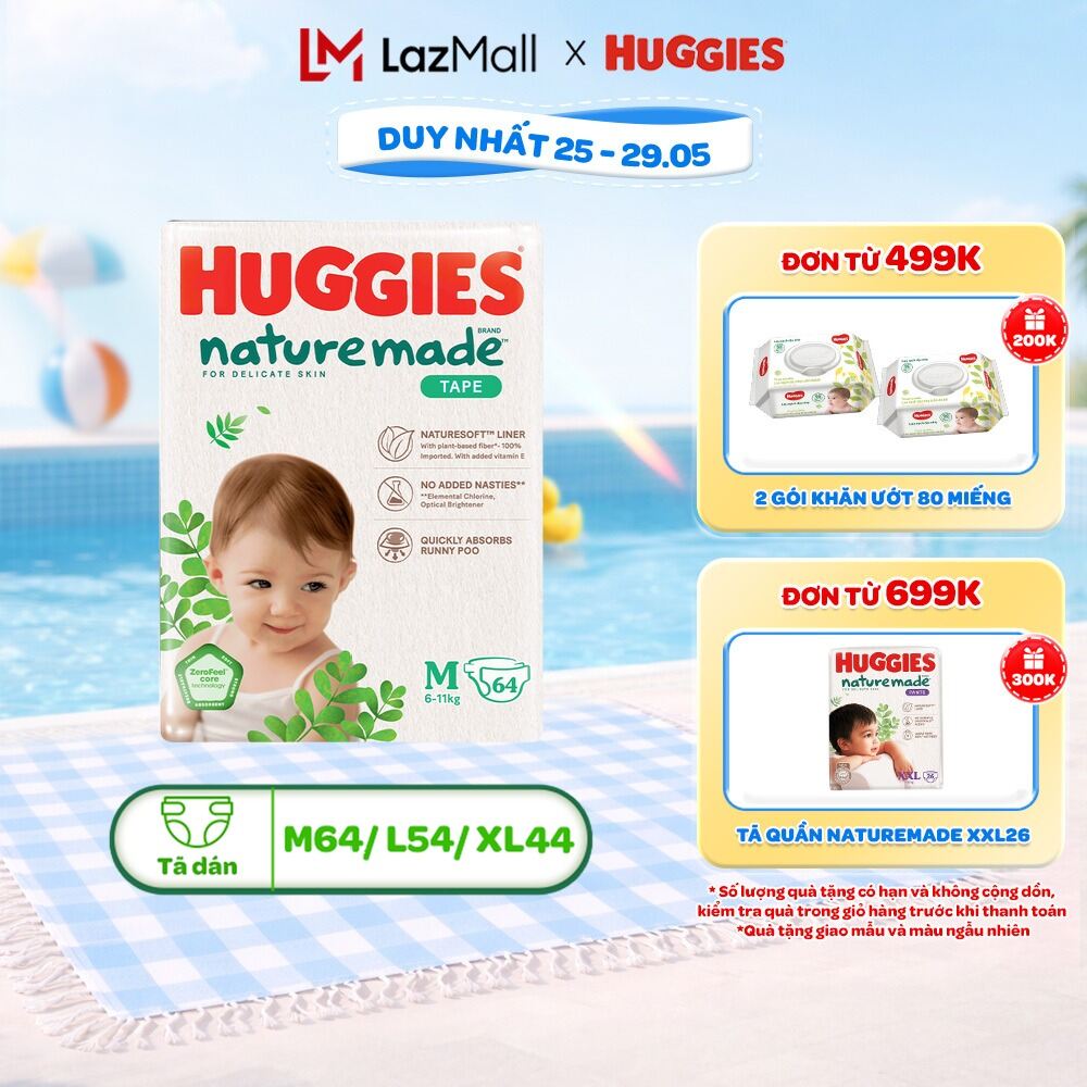 Tã/Bỉm dán Huggies NatureMade NB60/S82/M64/L54/XL44