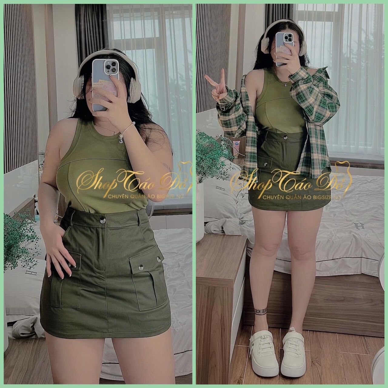 Set 3 món: áo croptop phối cùng sơ mi caro + chân váy