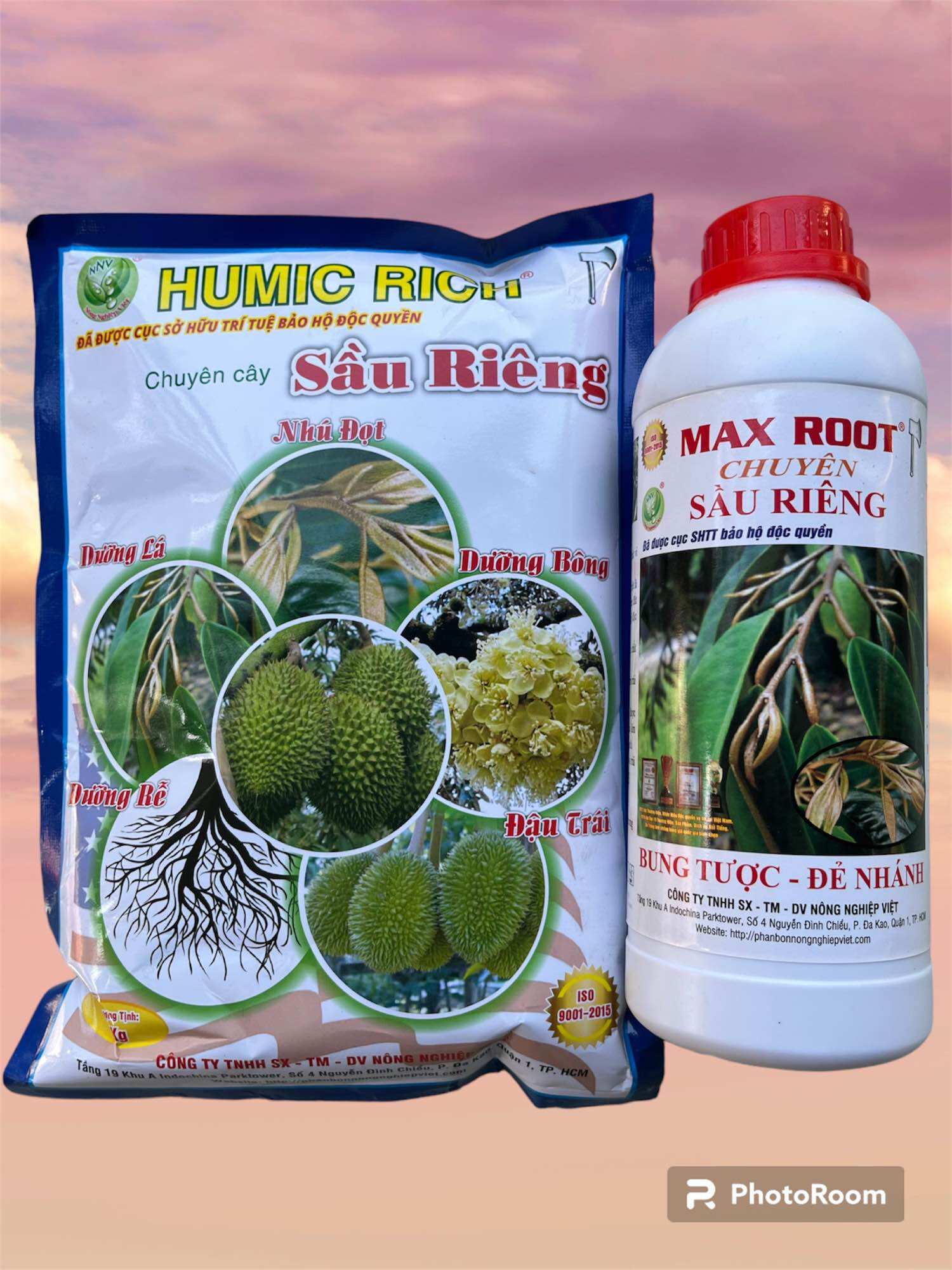 Bộ sản phẩm kích rễ, bung đọt sầu riêng. 1kg humic và 1 chai max root 1l. sử dụng được 800 lít nước