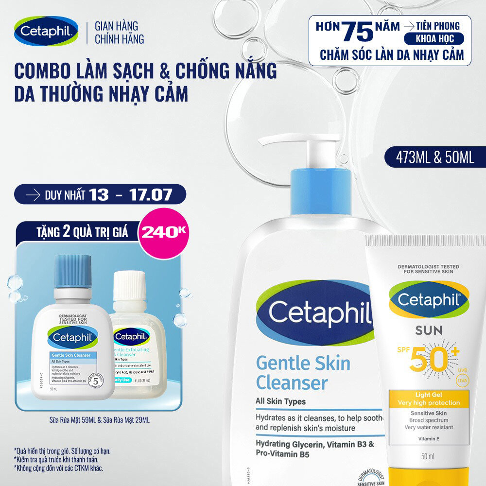Combo Sữa rửa mặt CETAPHIL GENTLE SKIN CLEANSER 473ML + Gel chống nắng cho da nhạy cảm Cetaphil Sun SPF 50+ Light Gel
