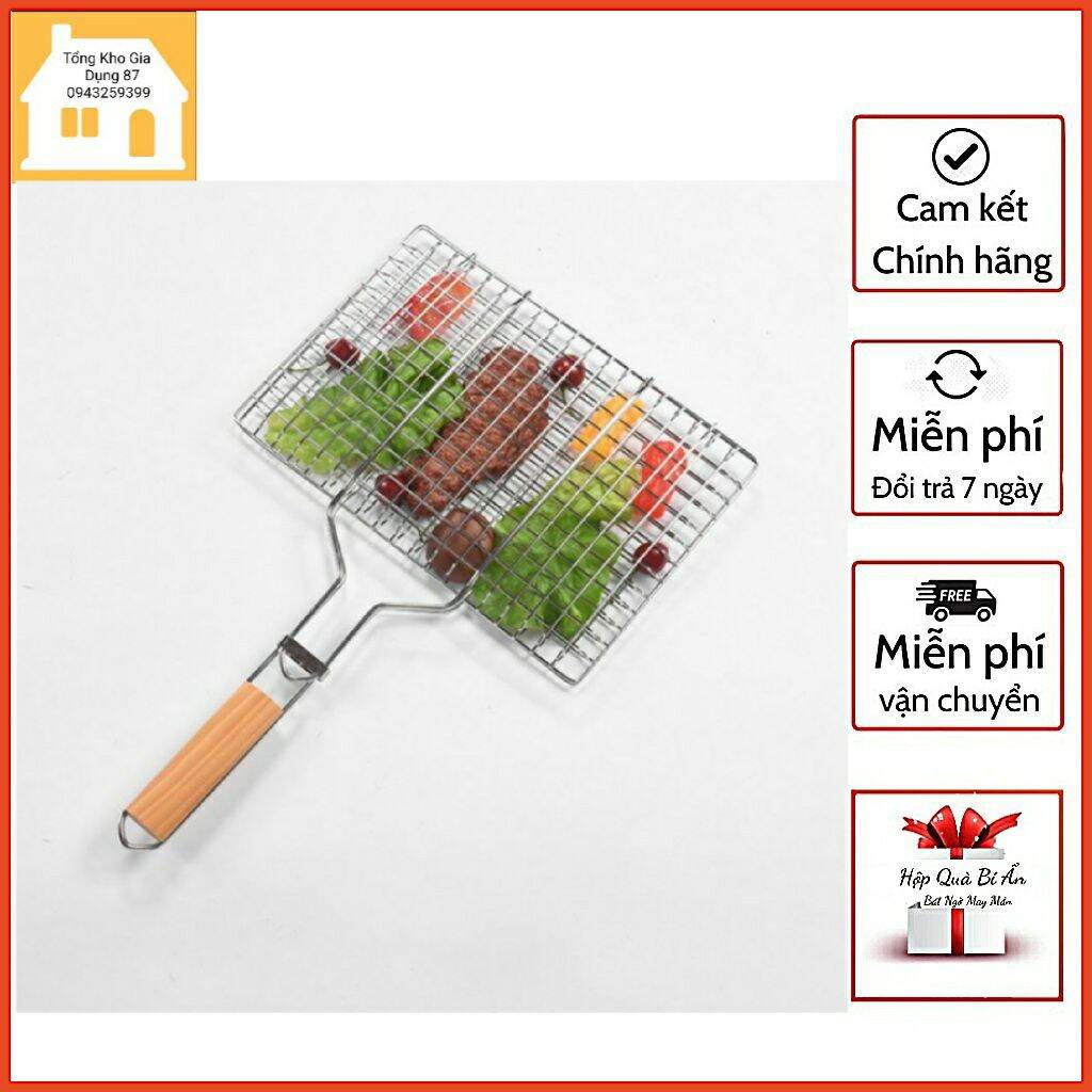 Vỉ nướng chả thịt cá bằng inox có tay cầm bằng gỗ - Tổng Kho Gia Dụng 87