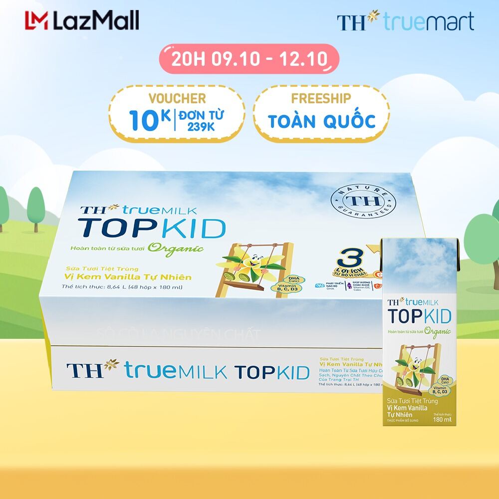 Thùng 48 hộp sữa tươi tiệt trùng TOPKID kem vanilla tự nhiên TH true MILK 180ml