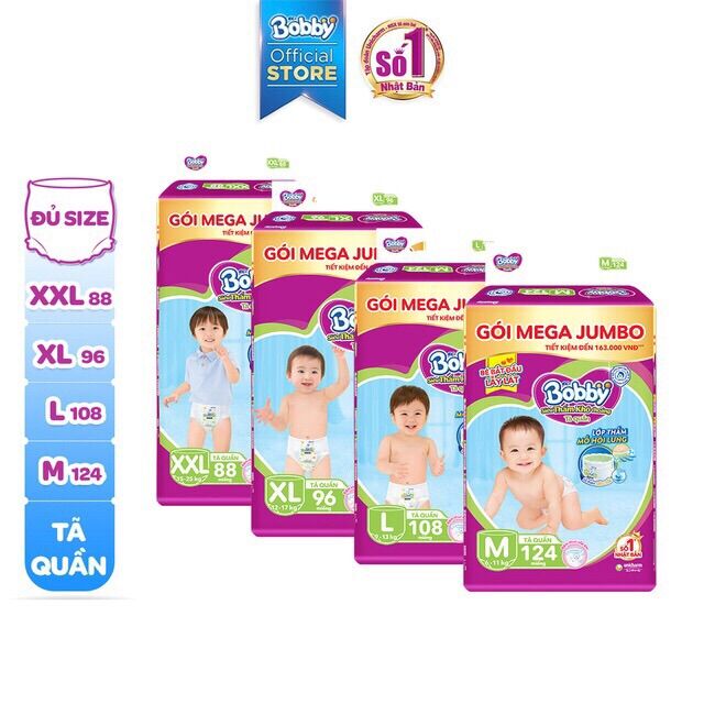 Tã quần bobby - đệm thấm lưng mồ hôi mega jumbo m120/l108/xl96/xxl88/xxl84