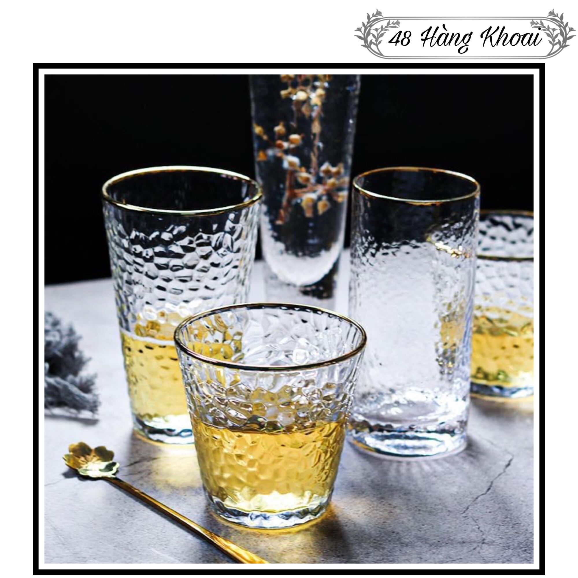 Cốc thuỷ tinh viền vàng sần chịu nhiệt - bộ 6 cốc