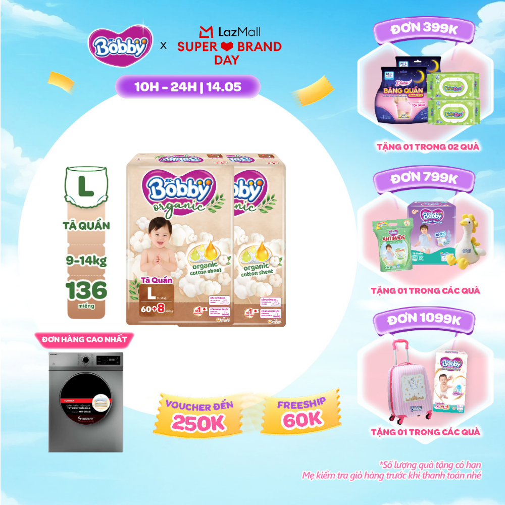 [SALE GIỮA THÁNG tặng QUÀ TO-SLCH][COMBO 2] [TẶNG KÈM 16 MIẾNG] Tã quần cao cấp Bobby Organic chăm sóc dịu nhẹ từ thiên nhiên L60