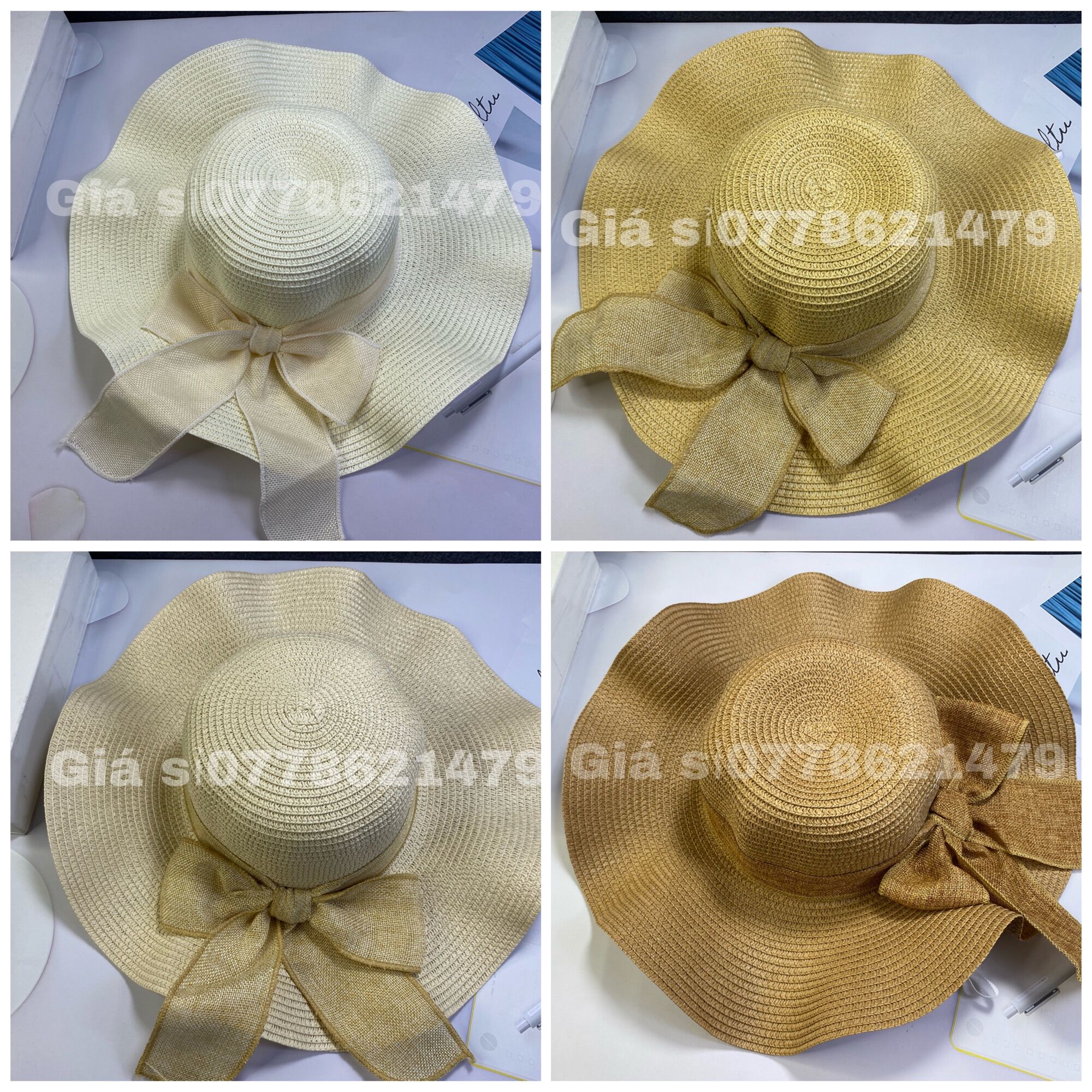 Nón bo cói đi biển vành lượn cột nơ thời trang