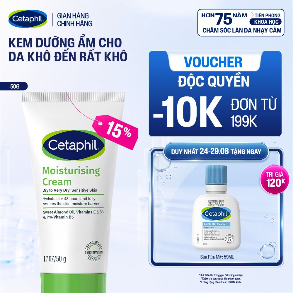 Kem dưỡng ẩm dịu lành cho da nhạy cảm cấp ẩm sâu đến 48H Cetaphil Moisturizing Cream 50g