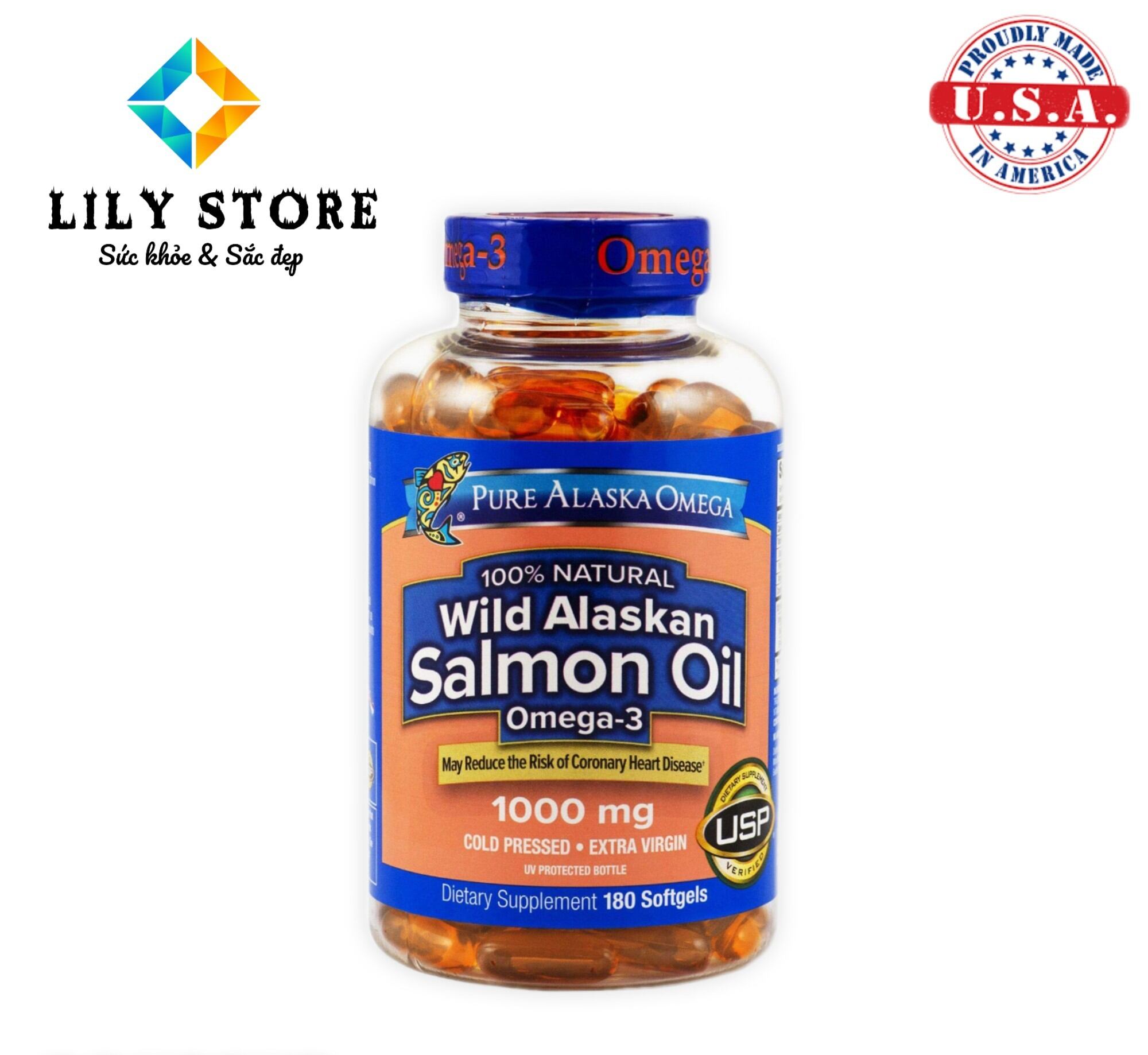 Viên uống dầu cá hồi Pure Alaska Omega-3 Wild Salmon Oil 1000mg của Mỹ hộp 210 viên