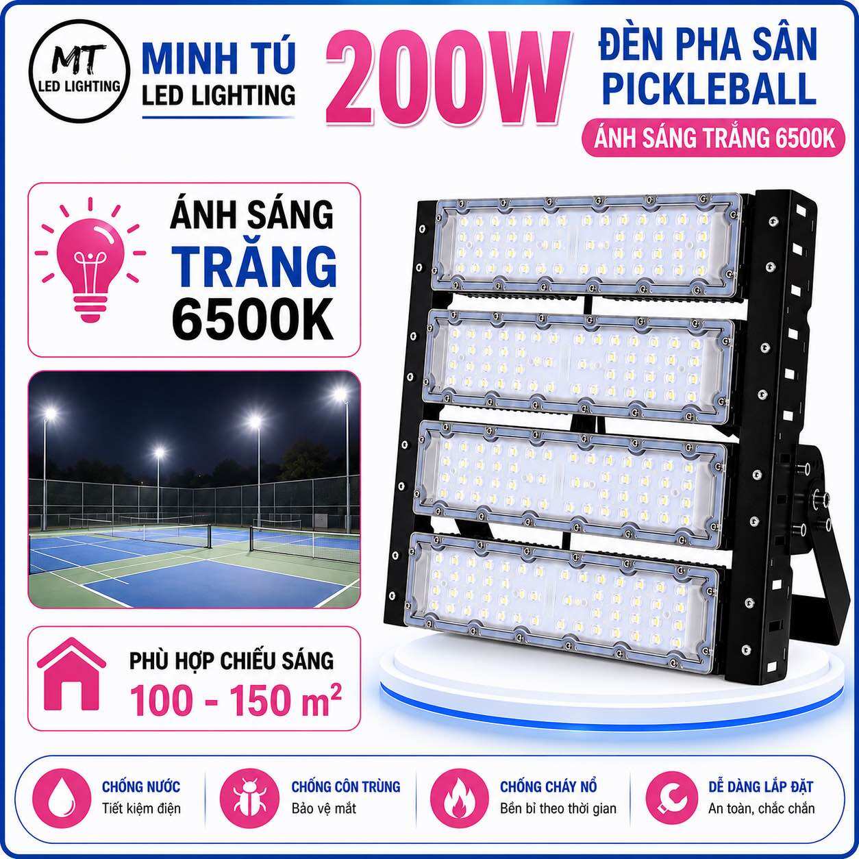 Đèn pha sân pickleball 200W ánh sáng trắng 6500K phù hợp chiếu sáng 80-120m²