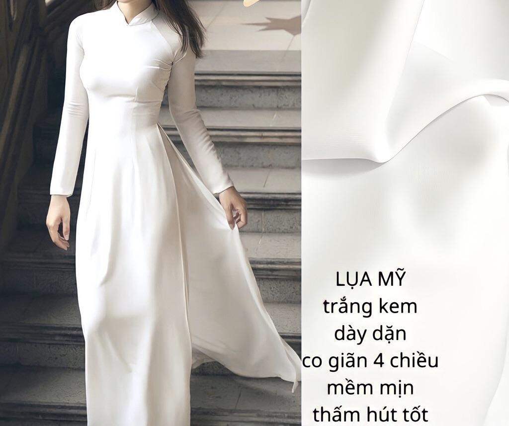 Áo Dài Trắng Học Sinh Đi Học May Sẵn Lụa Mỹ Trắng Kem