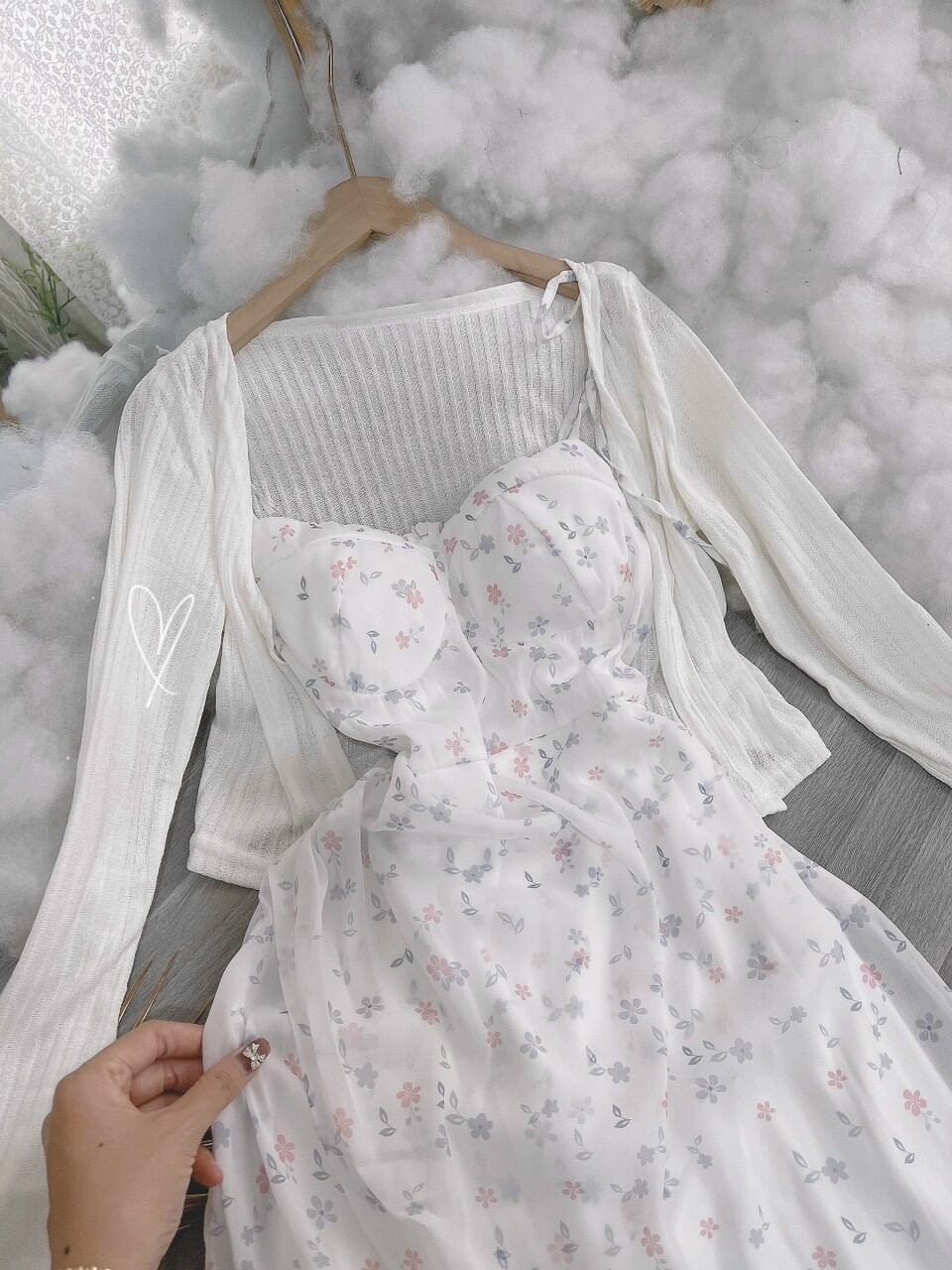 SET ĐẦM 2S HOA PASTEL XẺ TÀ VOI ÁO KHOÁC(CÓ MÚT NGỰC)