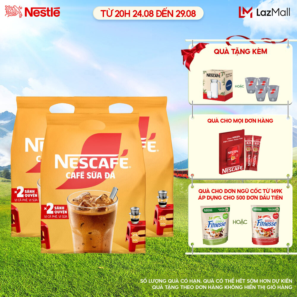 [quà tặng tháng 8 - mua 1 tặng 1 bộ bình ly lumiarc hoặc bộ 4 ly thủy tinh nescafe] [freeship hcm & hn] combo 3 bịch cà phê sữa nescafé cà phê sữa đá (bịch 25 gói x 24g)