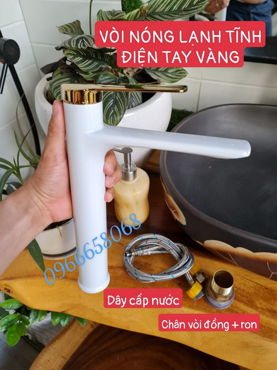 Vòi lavabo nóng lạnh tỉnh điện trắng tay vàng 30cm