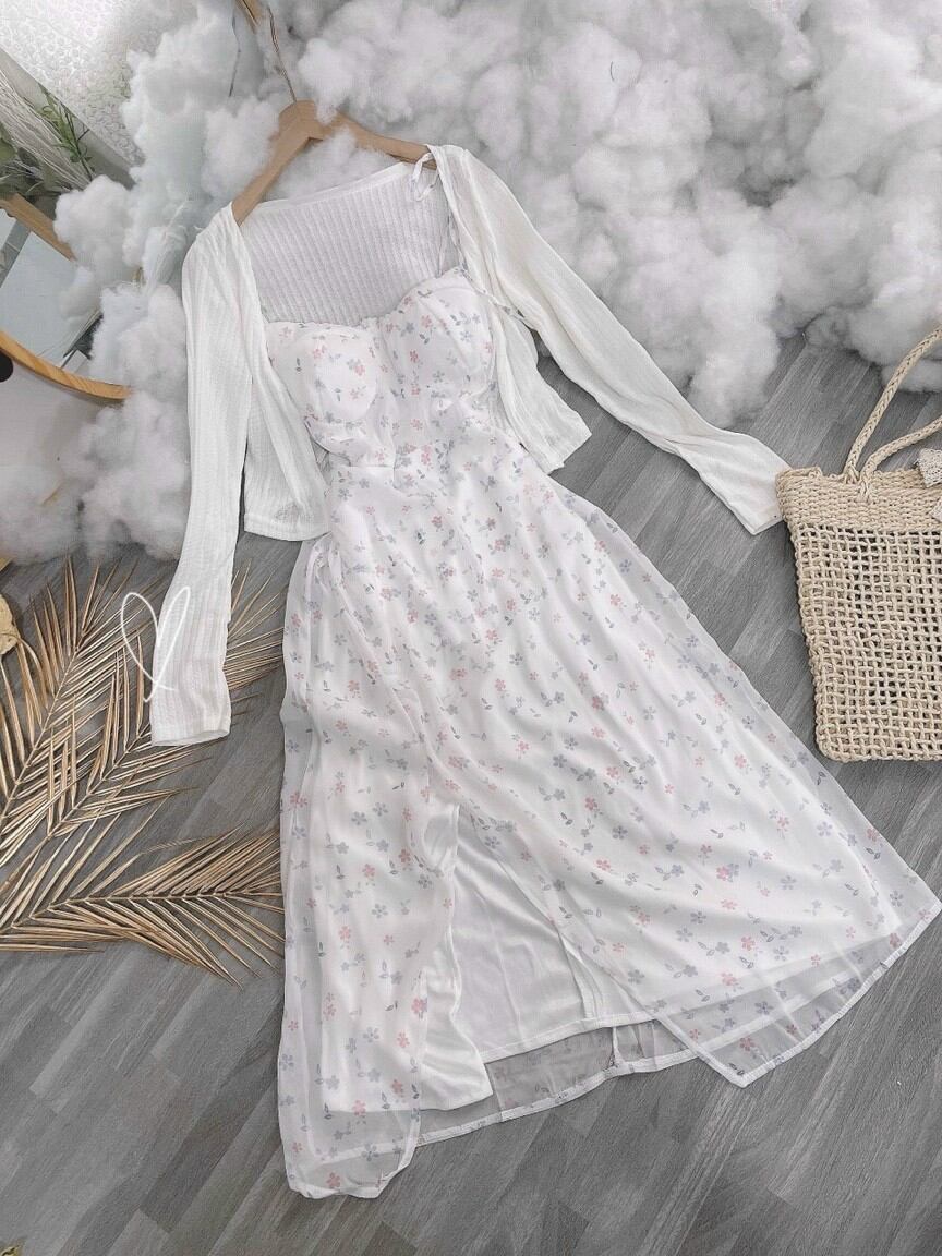 Set đầm 2s hoa pastel xẻ tà voi áo khoác