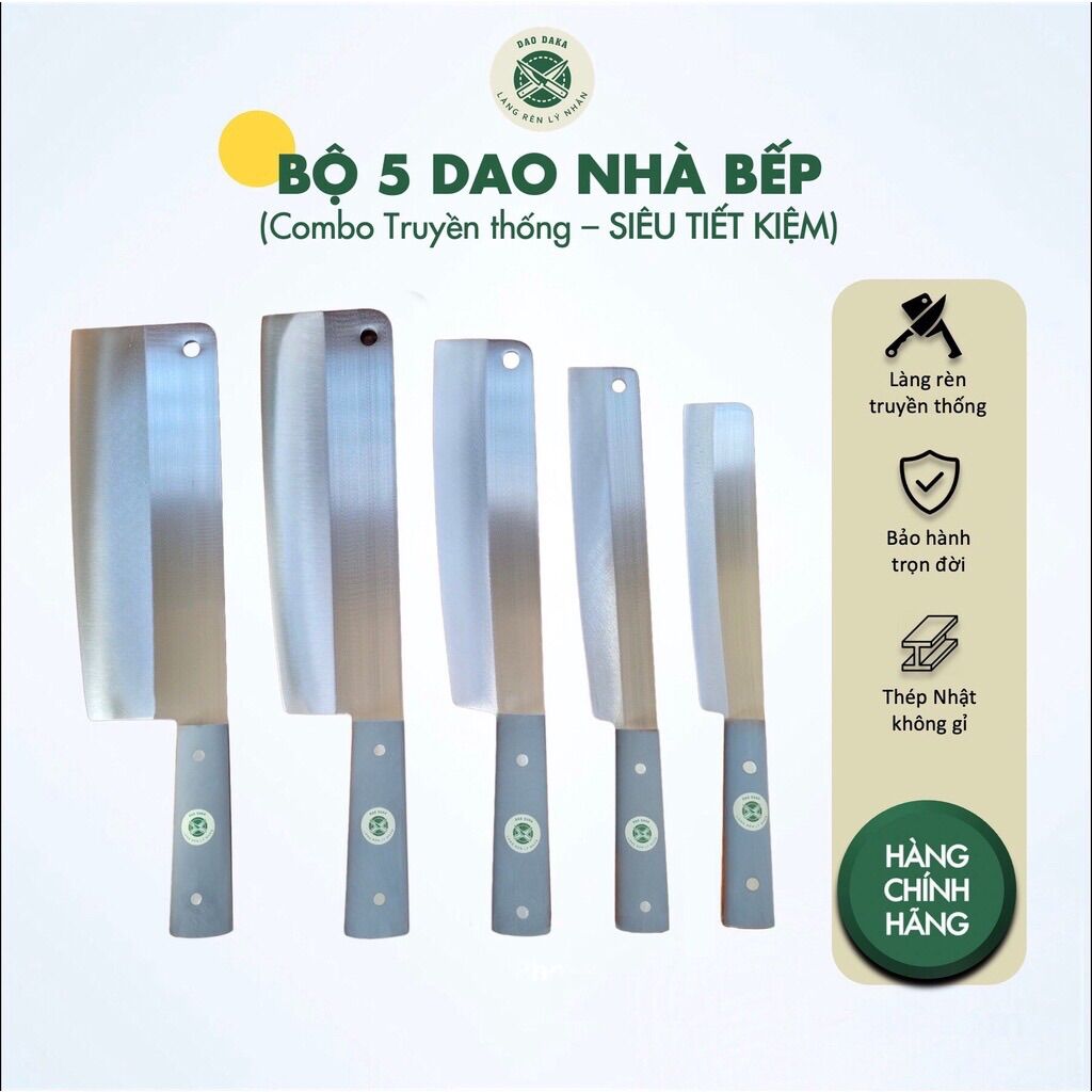Combo 5 dao nhà bếp thép Nhật trắng không gỉ - Chuôi nhựa