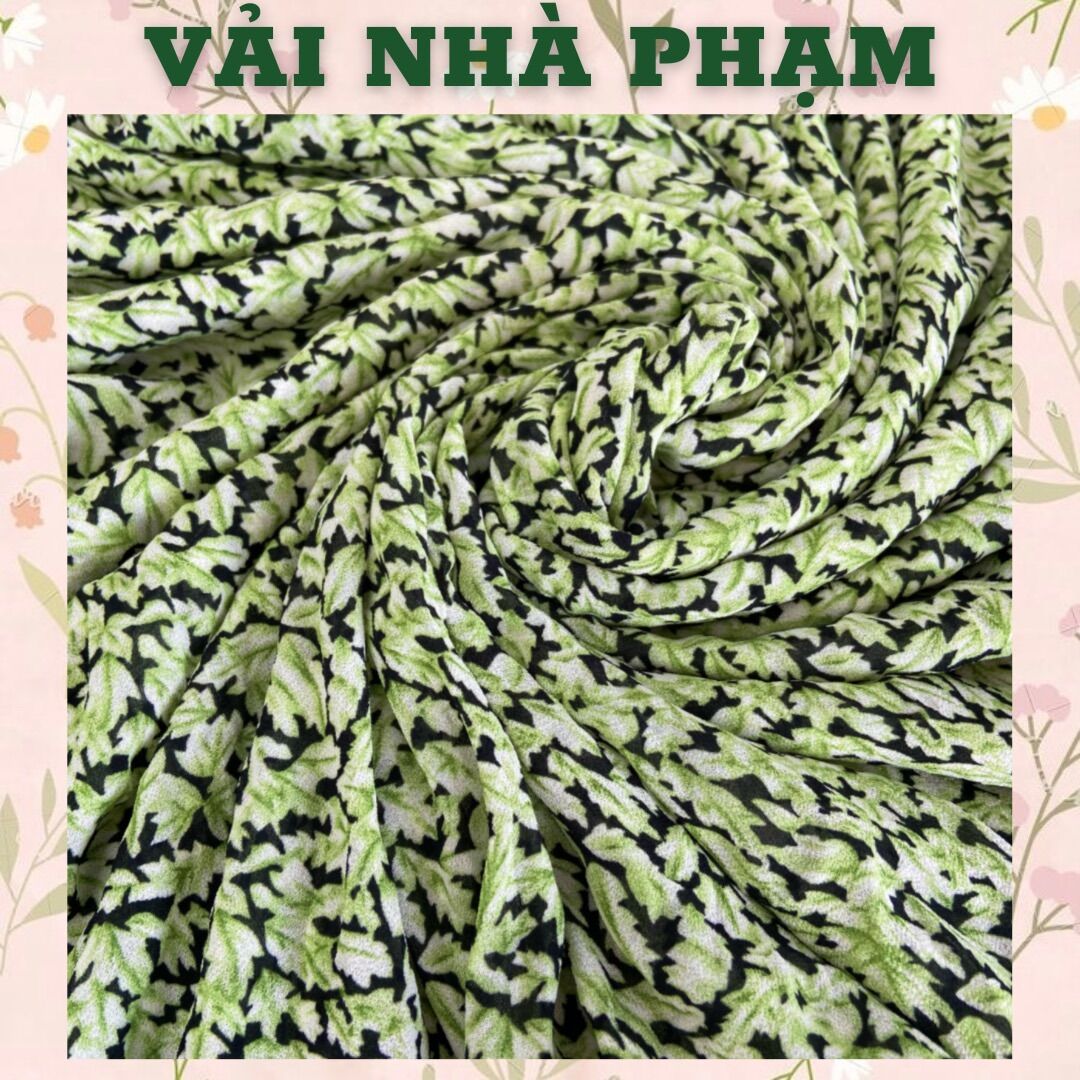 Voan tằm dập xốp hoạ tiết lá xanh nền đen - khổ 1.3m - vải nhà phạm
