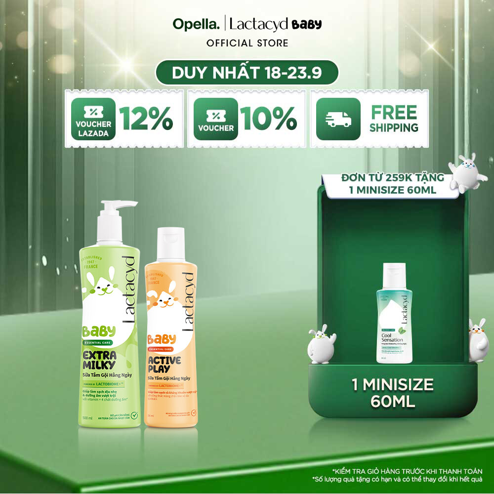 Bộ 2 chai Sữa Tắm Gội Trẻ em Lactacyd Baby Extra Milky 500ml + Lactacyd Baby Active Play 250ml
