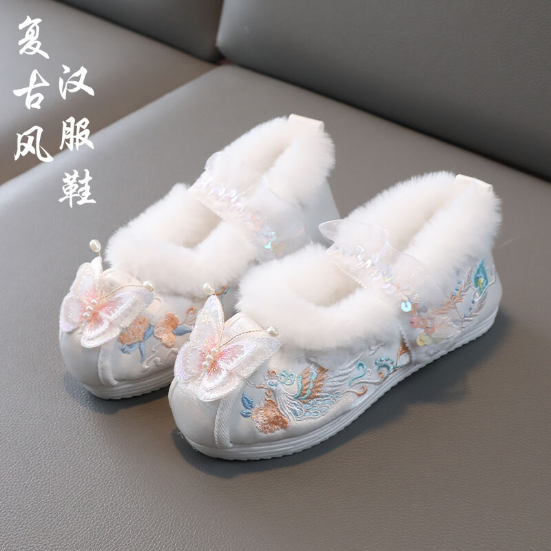 Giày Bốt Lót Lông Cừu Phong Cách Trung Hoa Cho Trẻ Em Giày Bốt Cổ Tích Cho Bé Gái Giày Bốt Thêu Hoa Mùa Đông Mới Cho Trẻ Em