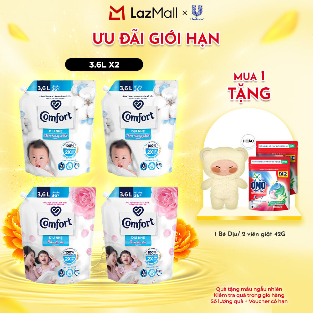 Combo 2 Túi Nước Xả Vải Comfort Dịu Nhẹ Thơm Hương phấn/Dịu êm cho Cả Gia Đình 3.6L