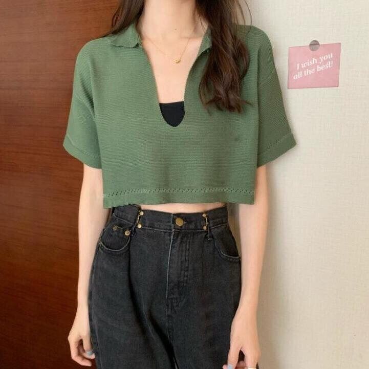 💥Áo len croptop cộc tay cổ bẻ dáng thụng