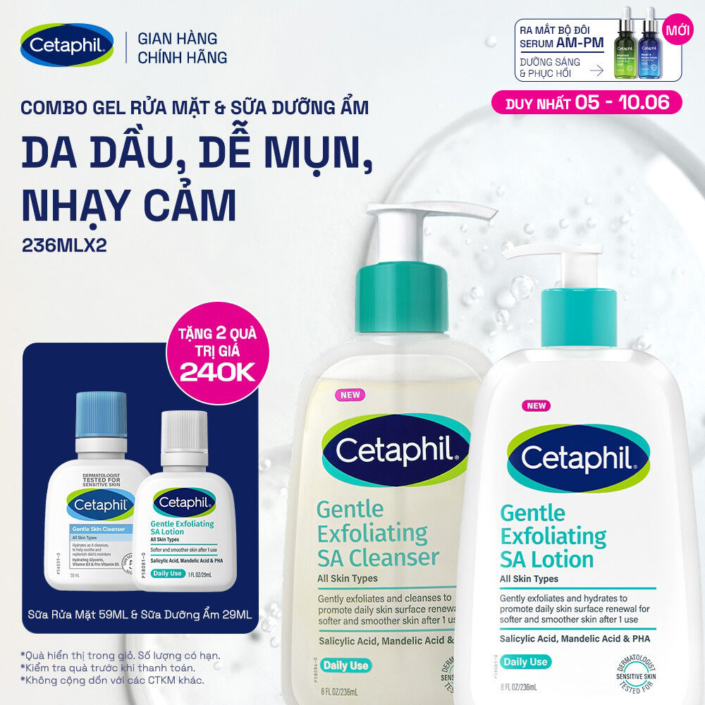 Combo Gel rửa mặt làm sạch dầu nhờn, ngăn mụn và Sữa dưỡng ẩm tẩy tế bào chết dịu nhẹ cho da dầu, mụn, nhạy cảm SA 236ml