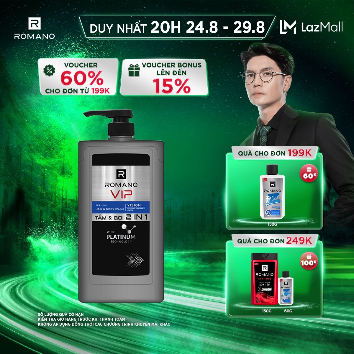 Tắm gội 2 trong 1 romano 2in1 vip vision 650g/chai