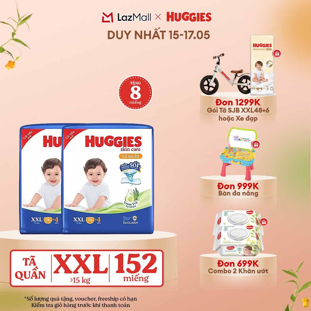 [CHỈ 15-17.05 GIẢM THÊM 90K]  Combo 2 Gói Tã/bỉm quần HUGGIES SKINCARE MEGA JUMBO size XXL76+4 miếng