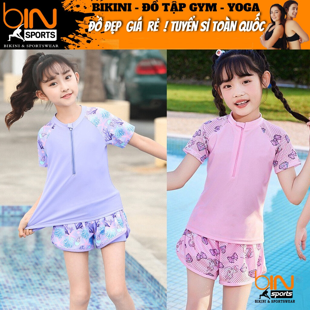 Đồ bơi bé gái 2 mảnh quần đùi 2 lớp áo phủ bụng ngắn tay kín đáo đáng yêu đủ size từ 18kg đến 38kg BINSPORTS BB118