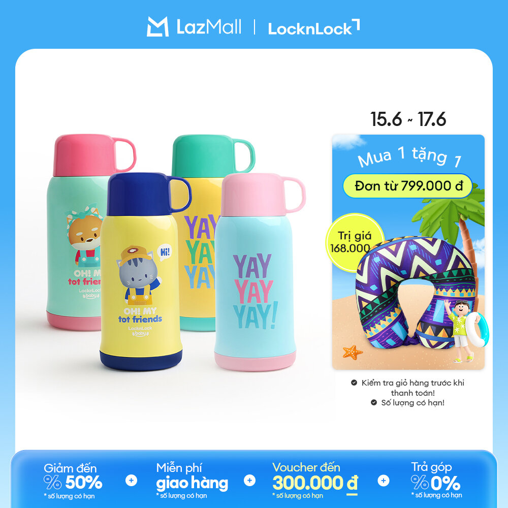 LHC1475 - Bình giữ nhiệt Animal friend kids LocknLock 550ml có quai xách/túi đựng có dây đeo (4 màu)
