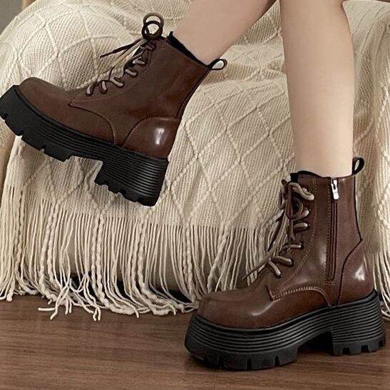 Women's Martin Boots Thick Bottom Heightening Chunky Heel Short Boots Autumn Winter Versatile Waterproof PU round Toe Boots