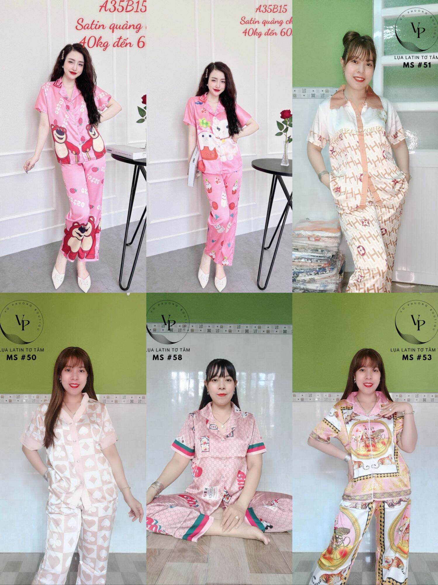 Đồ bộ lụa Latin tơ tằm Saraht freesize 40-60kg tay cộc sang xịn