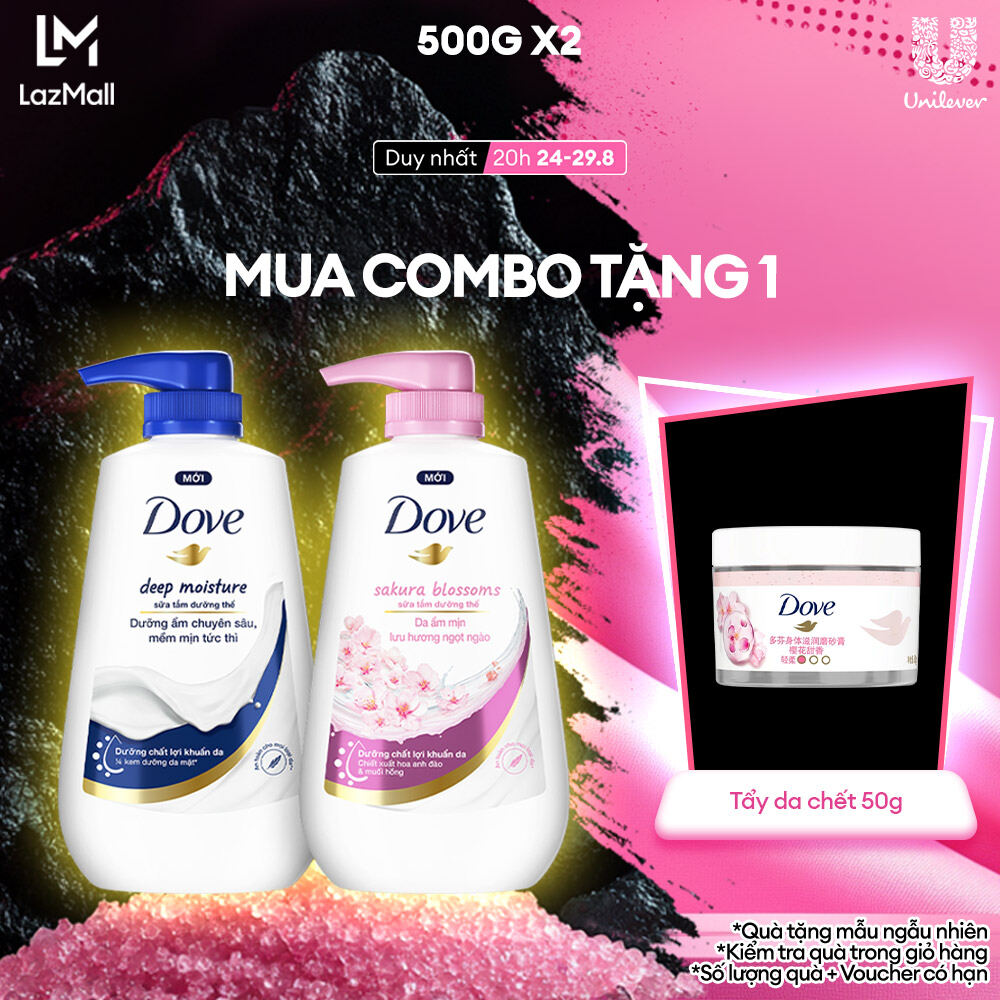 Combo 2 chai sữa tắm dưỡng thể Dove Dove Deep Moisture Dưỡng ẩm chuyên sâu và Sakura Blossoms Da mịn hương hoa 500g/chai