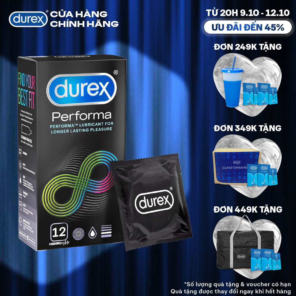 [TỪ 20H | 9-12.10 VOUCHER GIẢM THÊM 5%] Bao cao su Durex Performa kéo dài thời gian, size 52mm, hộp 12 bao