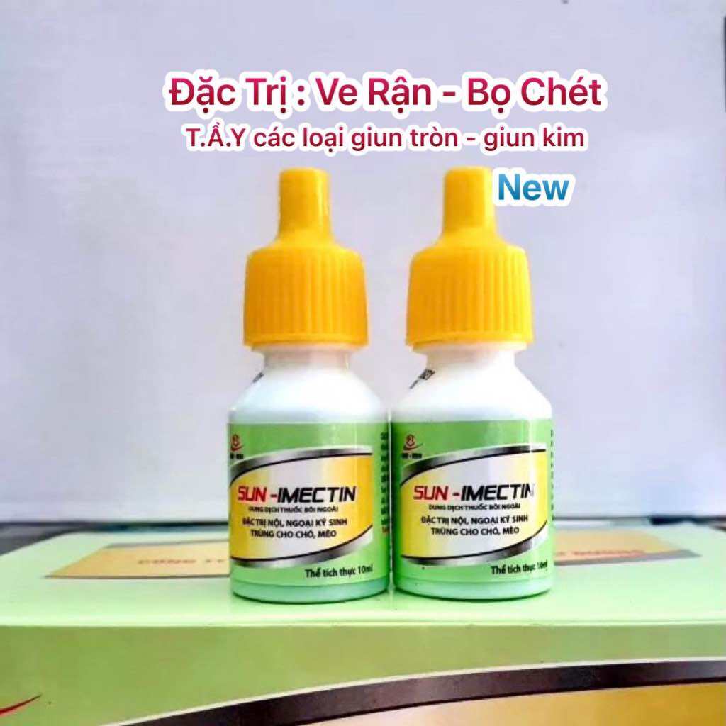 Sun - imectin.Nhỏ gáy đặc trị ve rận, ghẻ mạt, kí sinh trùng giun tròn ,giun kim cho chó mèo, lọ 10m