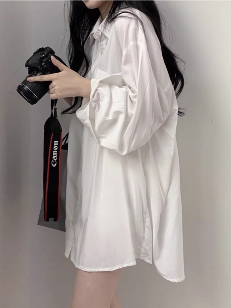  Chiều Dài Giữa Dáng Rộng Áo Sơ Mi Mùa Hè Cho Nữ Phong Cách Ngọt Ngào Cổ Nhật Bản Chống Nắng Dài Tay Áo Trắng 