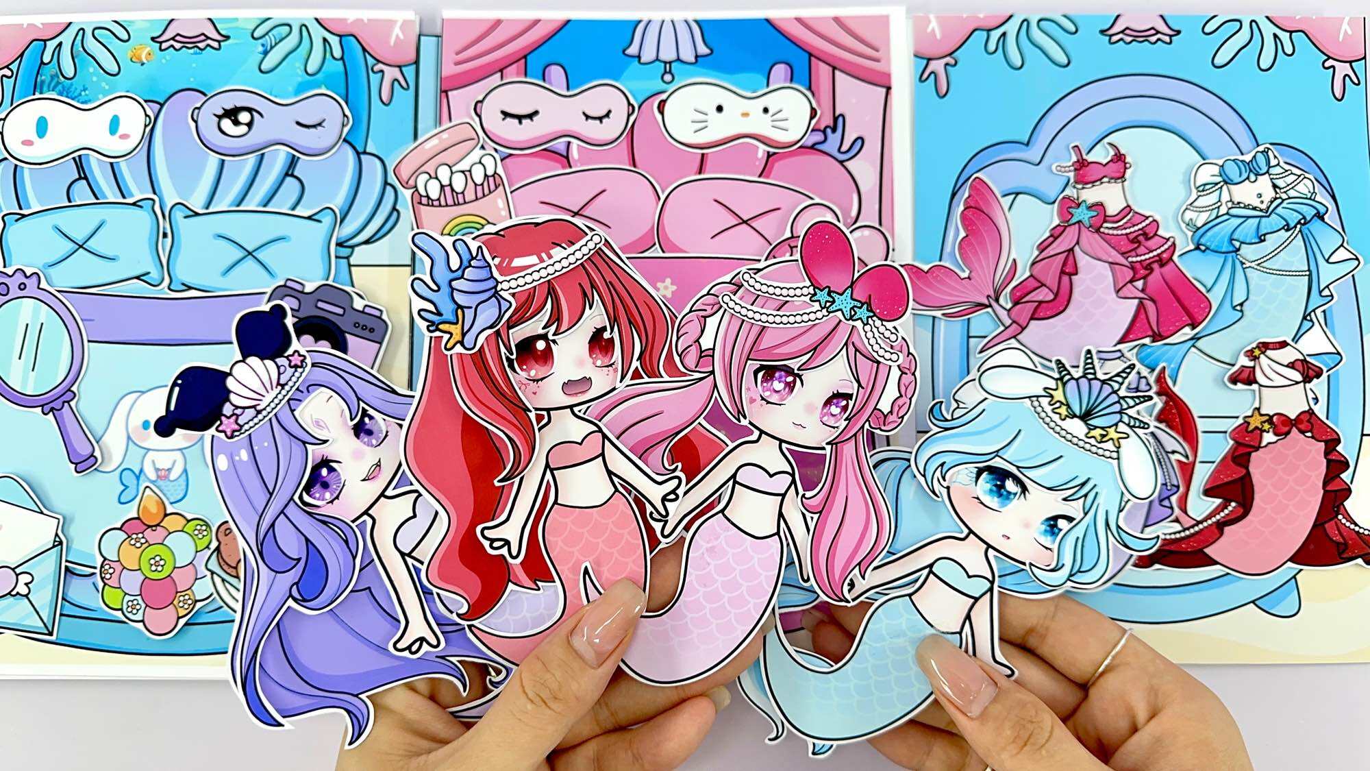 Đồ chơi bóc dán búp bê giấy tiên cá Sanrio - Kuromi Melody Cinnamoroll Kitty