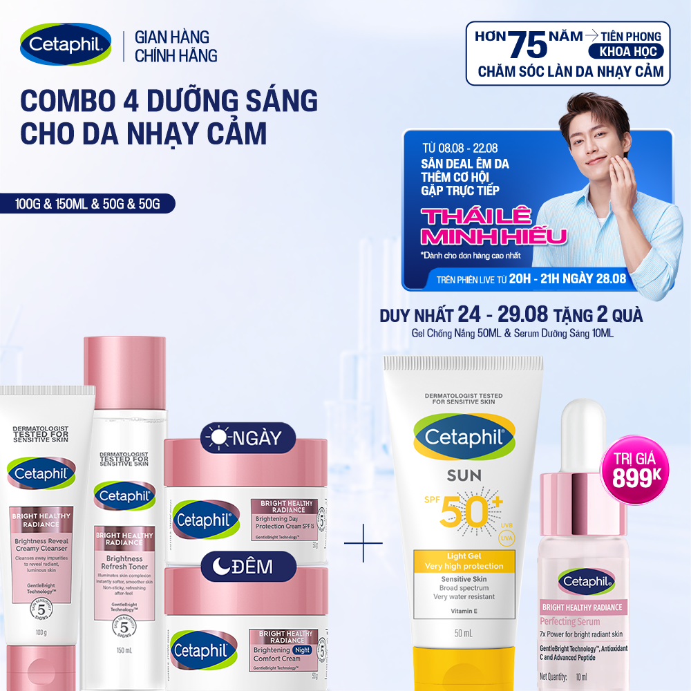 Trọn bộ 4 sản phẩm dưỡng sáng Cetaphil Bright Healthy Radiance Sữa rửa mặt 100g + Nước cân bằng 150ml + Kem dưỡng ẩm ngày 50g và Kem dưỡng ẩm đêm 50g