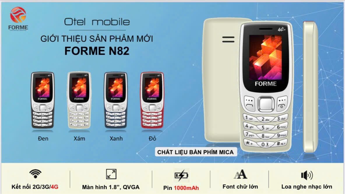 Điện thoại Forme 4G N82 (mh 1.8in, pin 1.000mAh) loa to, chữ to, font chữ lớn, đèn pin, bàn phím nổi