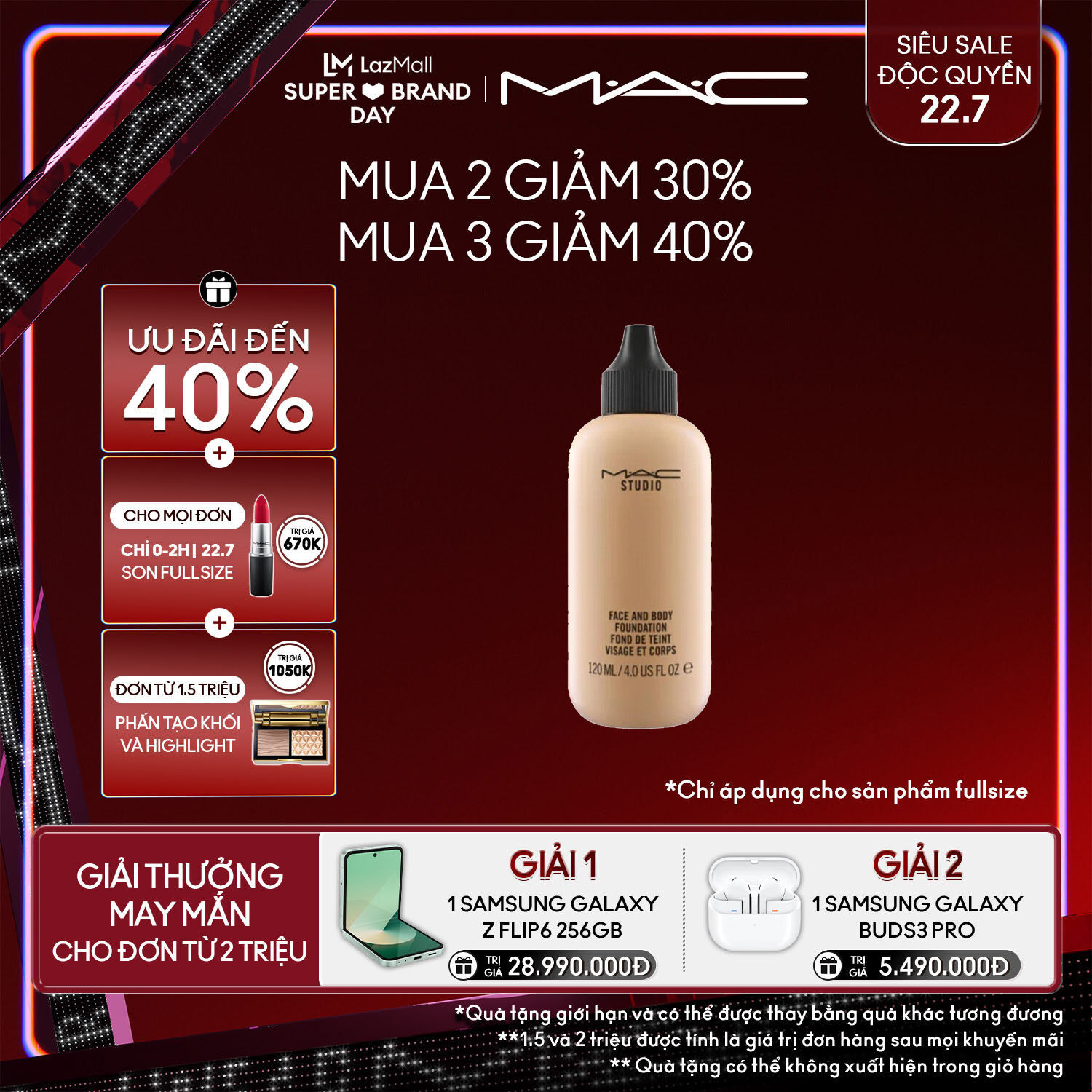 [ĐỘC QUYỀN 22.7] [VOUCHER ĐẾN 350K] Kem nền cho mặt và cơ thể với hiệu ứng satin bóng nhẹ và màu sắc chân thật tự nhiên MAC Studio Face And Body Foundation 120ml