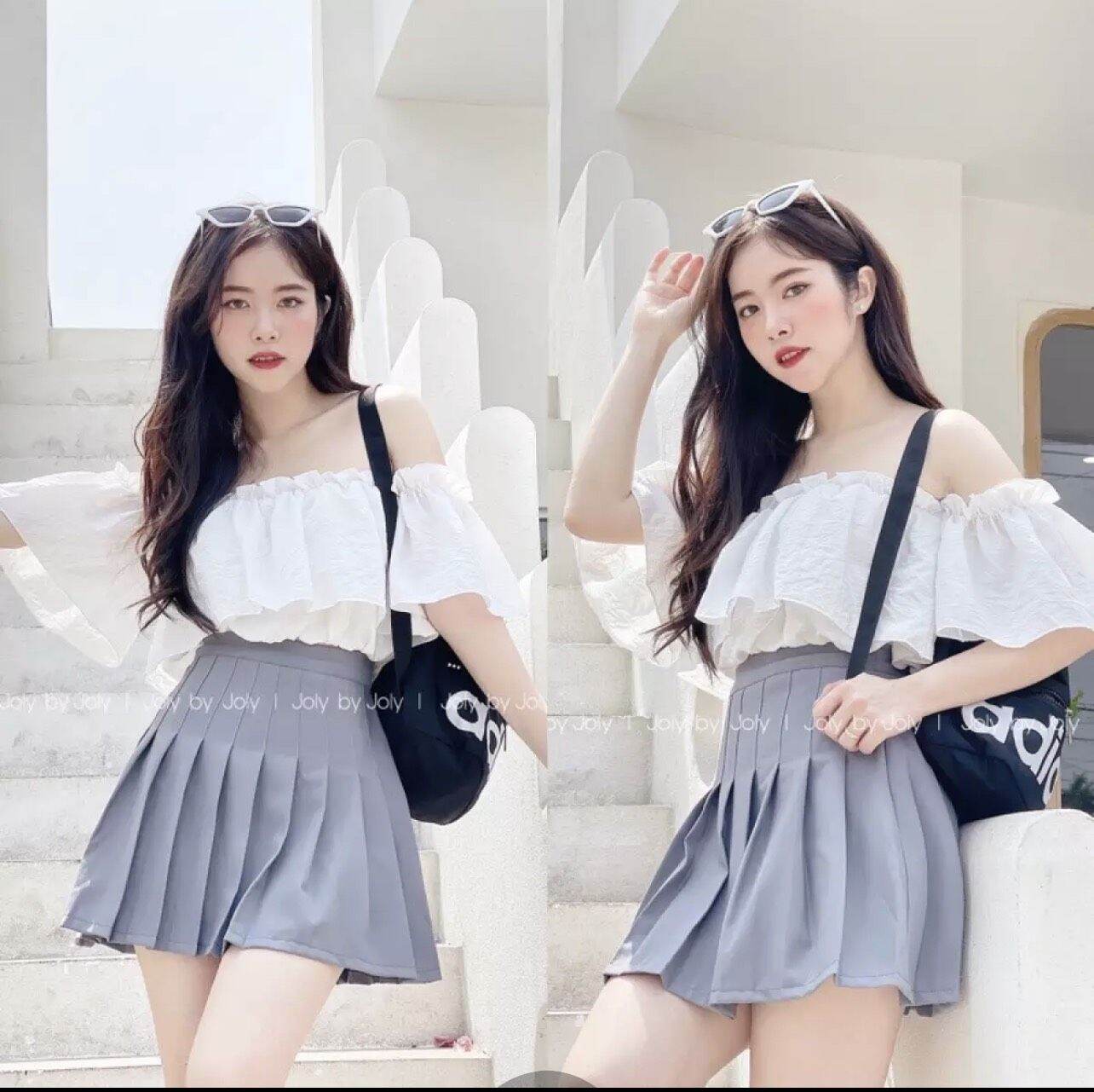 [HCM]Set áo bẹt vai chân váy tennis xinh (hàn quốc)