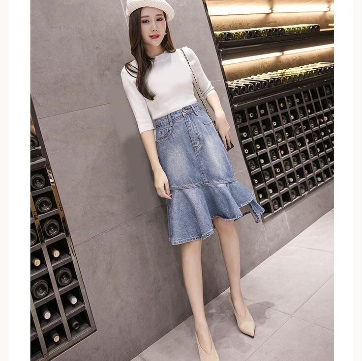 Chân váy jean đuôi cá siêu xinh mặc đi làm đi chơi đều xinh