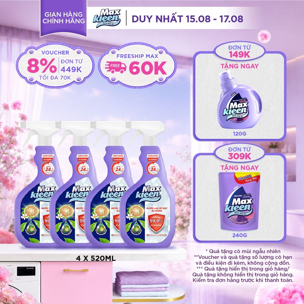 Combo 4 Chai Nước Lau Bề Mặt Đa Năng MaxKleen Loại Bỏ 99.9% Vi Khuẩn Hương Trà Xanh  Cam Bergamot 520ml