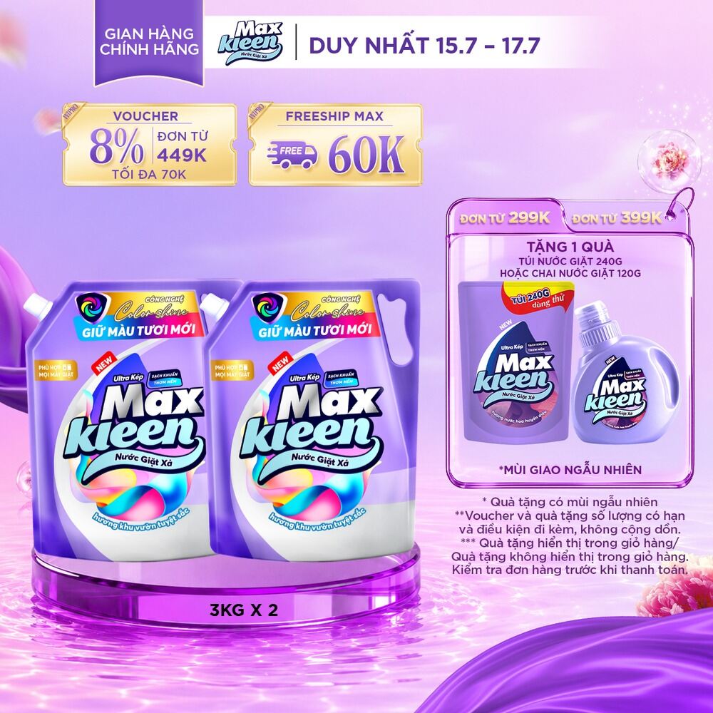 [DEAL SỐC - GIỮ MÀU] Combo 2 túi nước giặt xả Maxkleen giữ màu tươi mới 3Kgx2 - Công nghệ mới